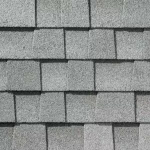 Fox hollow gray A close-up of gray asphalt roof shingles arranged in rows.